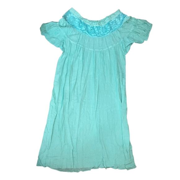 Aqua Boho Crochet Maxi Dress Flowy Crinkle Gauze Peasant Beach Caftan - Picture 5 of 8